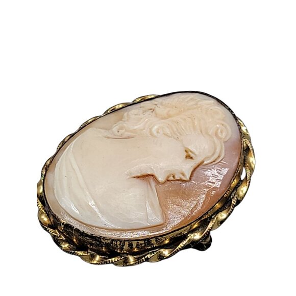 Marbro Carved Cameo 12kgf Brooch Pendant Vintage Curly Hair Pink White Shell - Picture 4 of 8